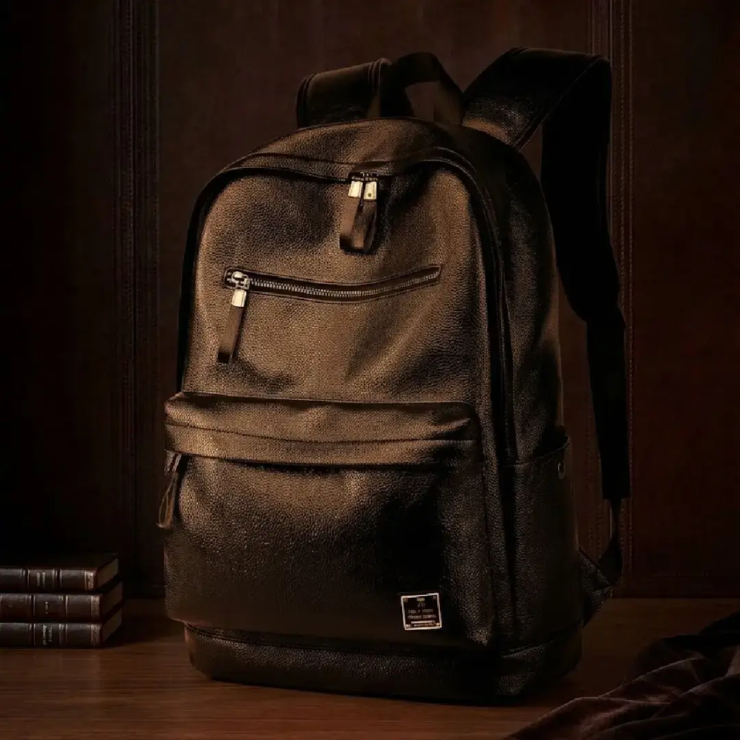Premium textured black leather backpack featuring dual zipper compartments, adjustable shoulder straps, and a silver logo plaque
