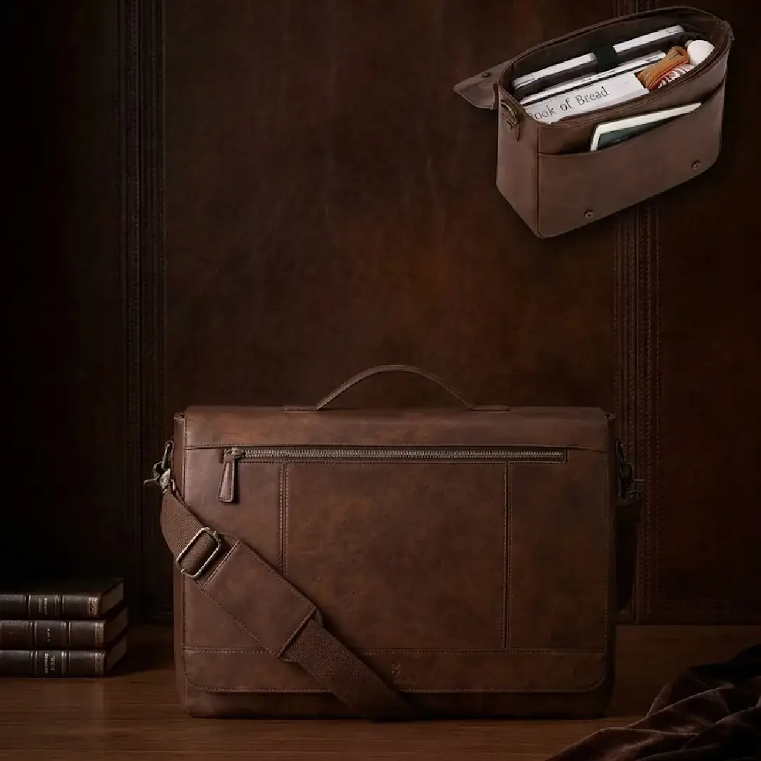 Classic dark brown full-grain leather messenger briefcase with shoulder strap, top flap, zipper pockets, and organized inner compartments