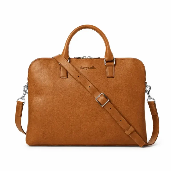 Tan leather portfolio briefcase for men with adjustable strap – Savysells