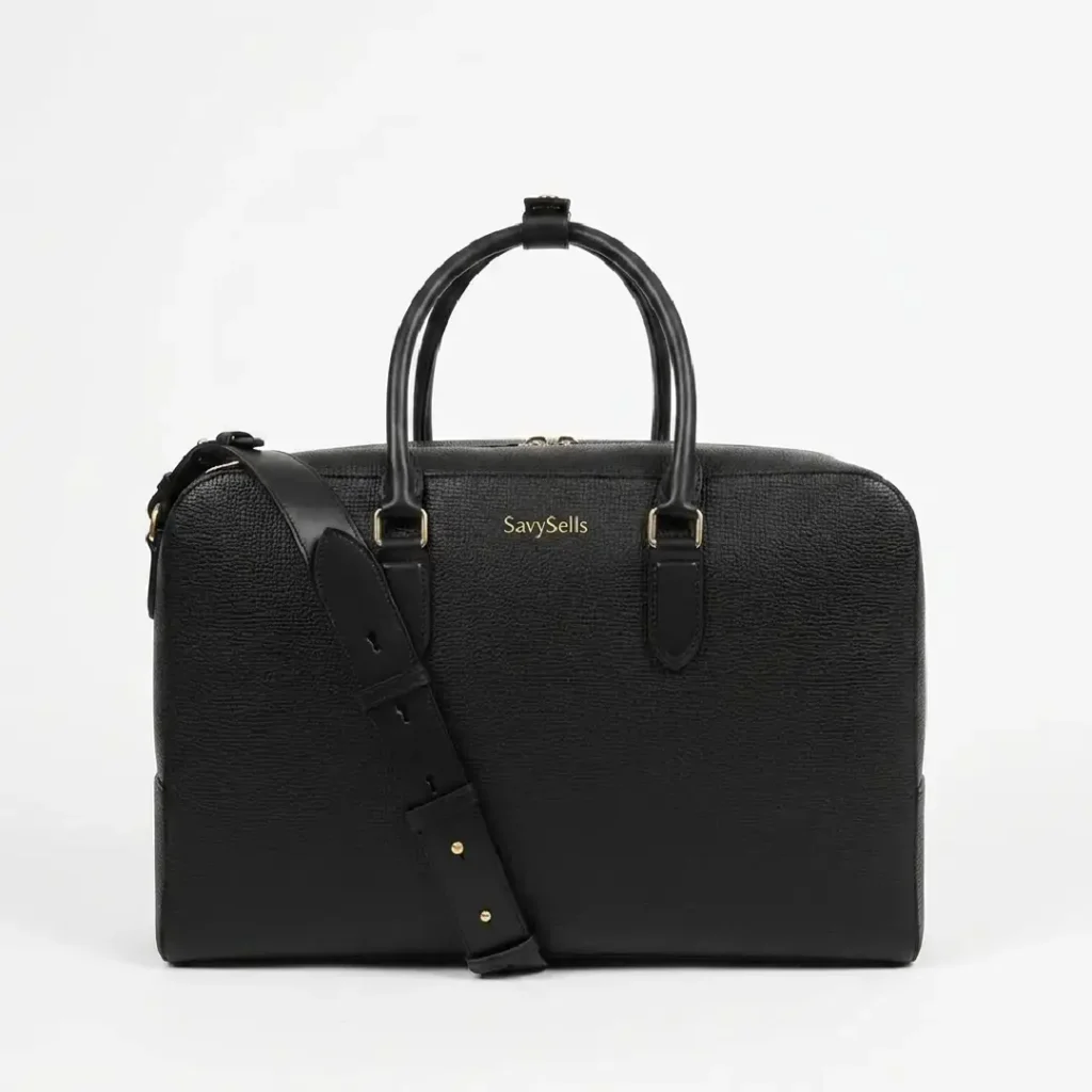 Voyage travel bag in black grained leather, front view