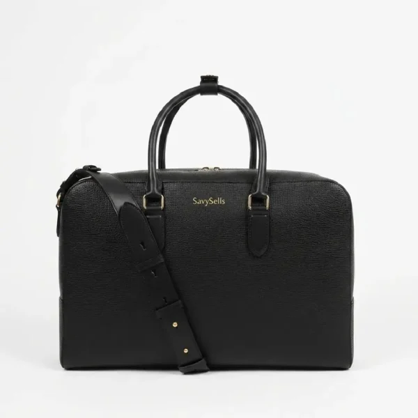 Voyage travel bag in black grained leather, front view