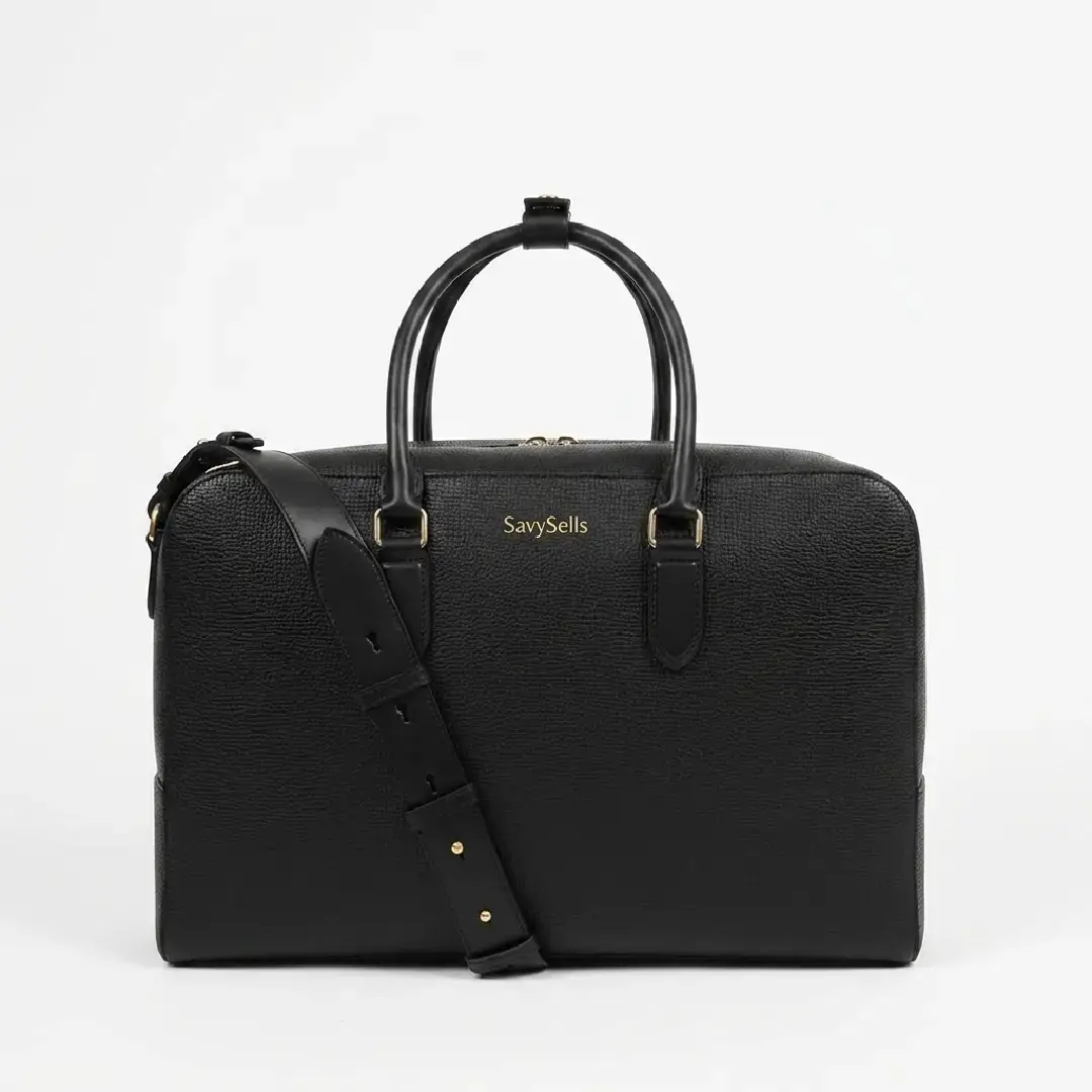 Voyage travel bag in black grained leather, front view Voyage travel bag in black grained leather, front view