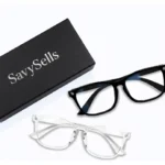 SavySells blue light glasses in black and clear frames with packaging box