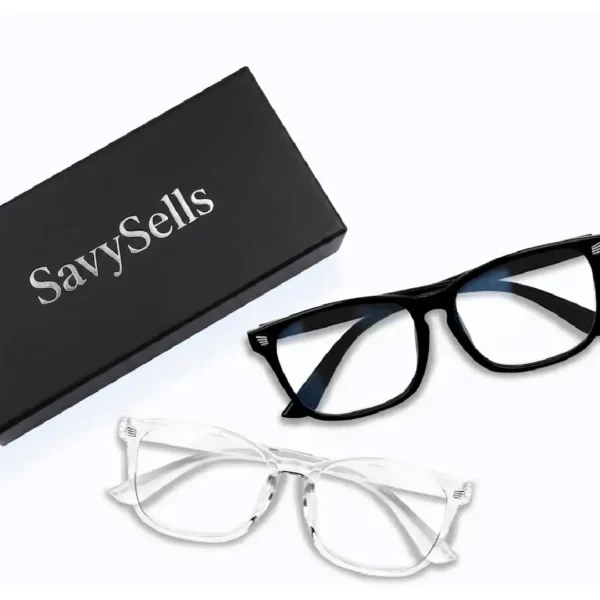 SavySells blue light glasses in black and clear frames with packaging box