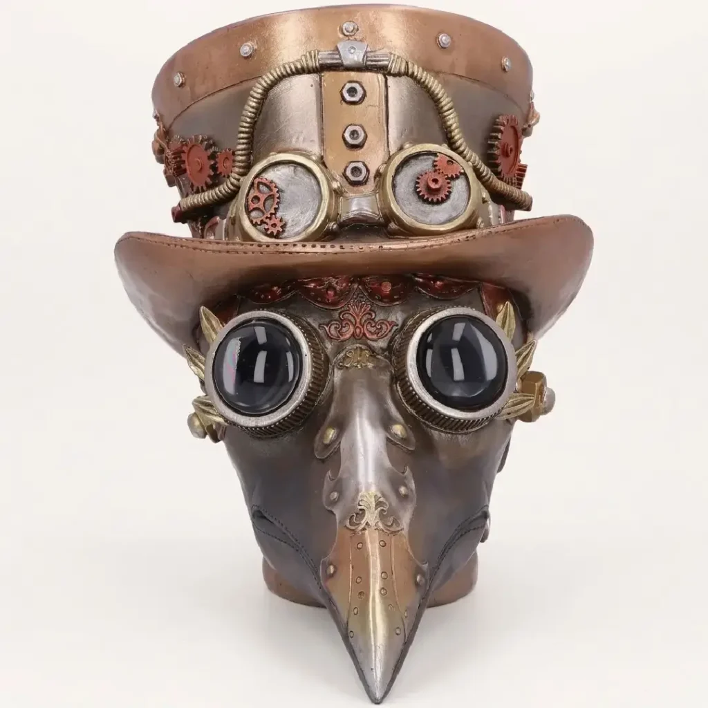 A detailed frontal view product shot of a gothic steampunk plague doctor mask sculpture, featuring prominent black goggles, a top hat adorned with a cluster of various metallic gears and tubes, and a long, pointed beak, set against a clean white background.