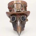 A detailed frontal view product shot of a gothic steampunk plague doctor mask sculpture, featuring prominent black goggles, a top hat adorned with a cluster of various metallic gears and tubes, and a long, pointed beak, set against a clean white background.