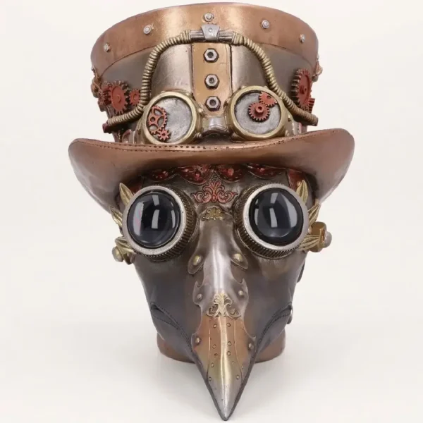 A detailed frontal view product shot of a gothic steampunk plague doctor mask sculpture, featuring prominent black goggles, a top hat adorned with a cluster of various metallic gears and tubes, and a long, pointed beak, set against a clean white background.