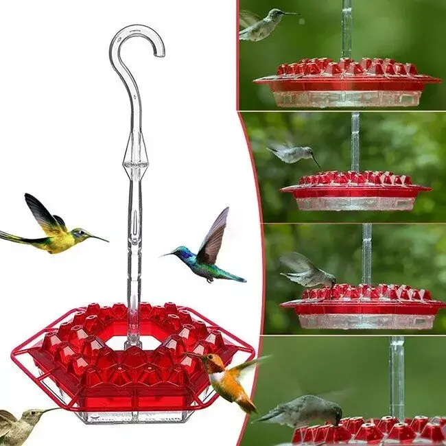Mary's Hummingbird Feeder Red NJ-1 Model Red Mary's hummingbird feeder featuring 30 diamond geometry feeding ports, outer perch ring, built-in ant moat, hanging rod, and hummingbirds feeding in mid-air.