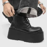 Men’s Punk Platform Boots Close Up Black Leather High Platform Lace Up Detail