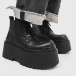 Men’s Punk Platform Boots On Foot Black Leather High Platform Lace Up Ankle Style