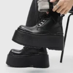 Men’s Punk Platform Boots Side View Black Leather High Platform Gothic Big Toe Design