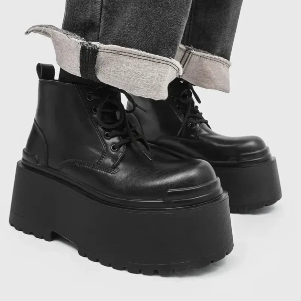 Men’s Punk Platform Boots Styled Look Black Leather High Platform Lace Up Ankle