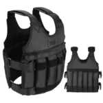 Front and back view of a durable black adjustable weight vest showing weight pockets and side straps.