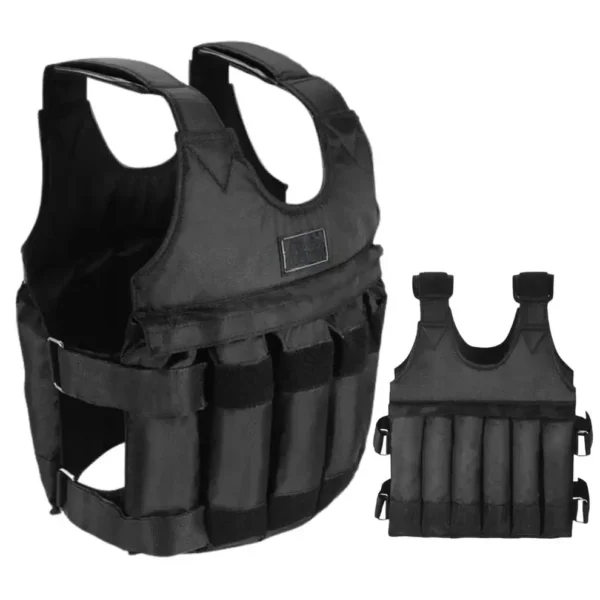 Front and back view of a durable black adjustable weight vest showing weight pockets and side straps.