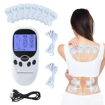 Digital period cramp simulator device with electrode pads, connecting lead cables, USB charging cable, and a woman using the unit on her back.