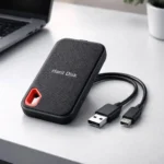portable ssd hard drive with dual USB connector cable on desk