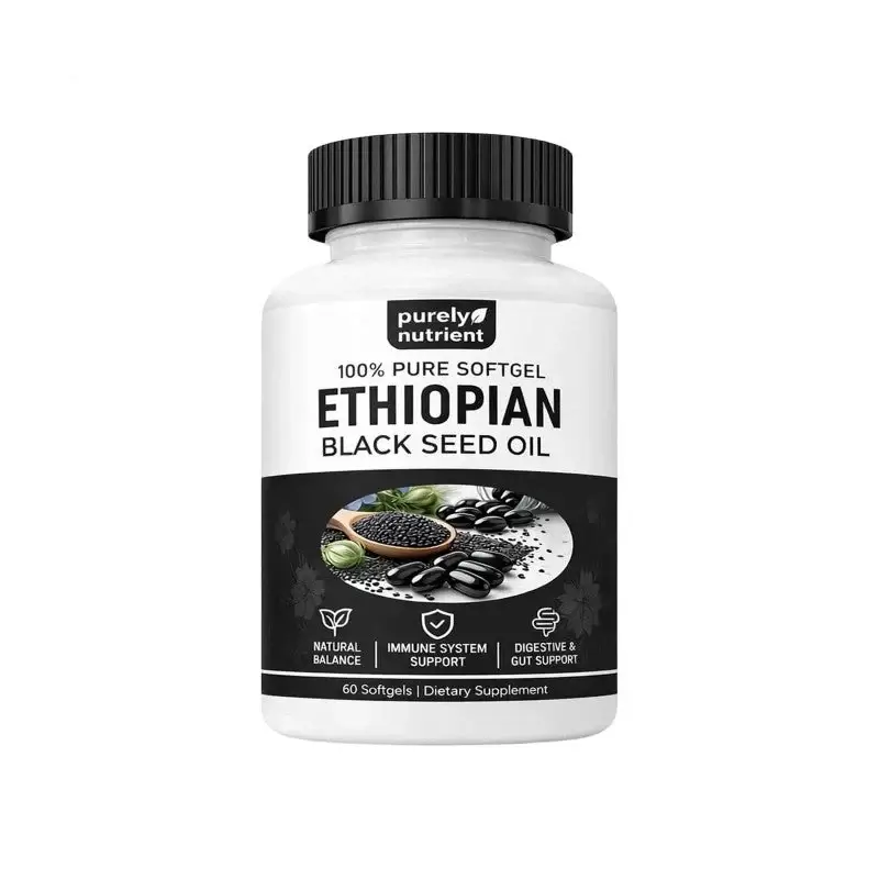 purely nutrient ethiopian black seed oil softgels front Purely Nutrient 100 percent pure Ethiopian black seed oil supplement bottle containing 60 liquid softgels