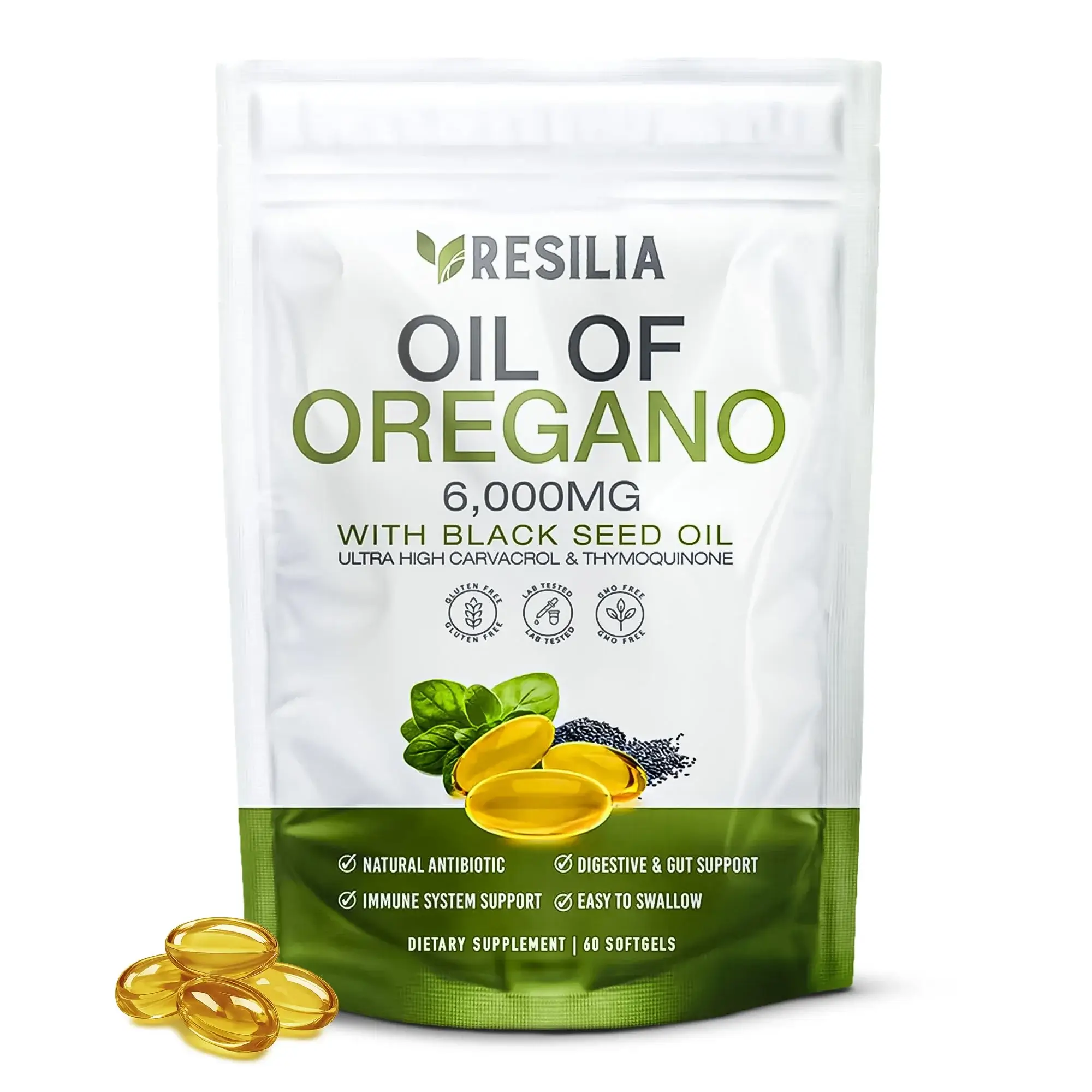 resilia oil of oregano black seed oil softgels pouch Resilia Oil of Oregano 6,000mg pouch with golden softgels for immune and digestive support