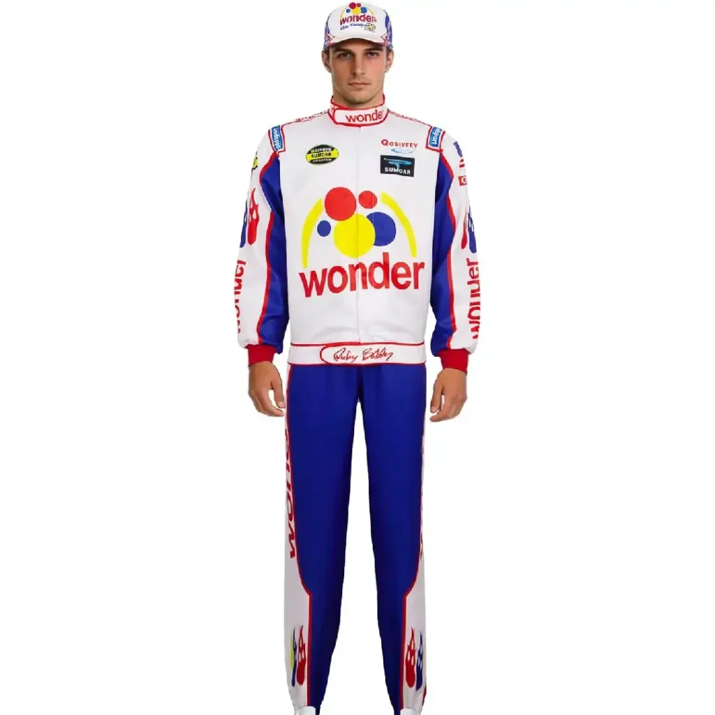 Full front view of a man wearing the Ricky Bobby costume Wonder Bread race car driver jumpsuit and hat.