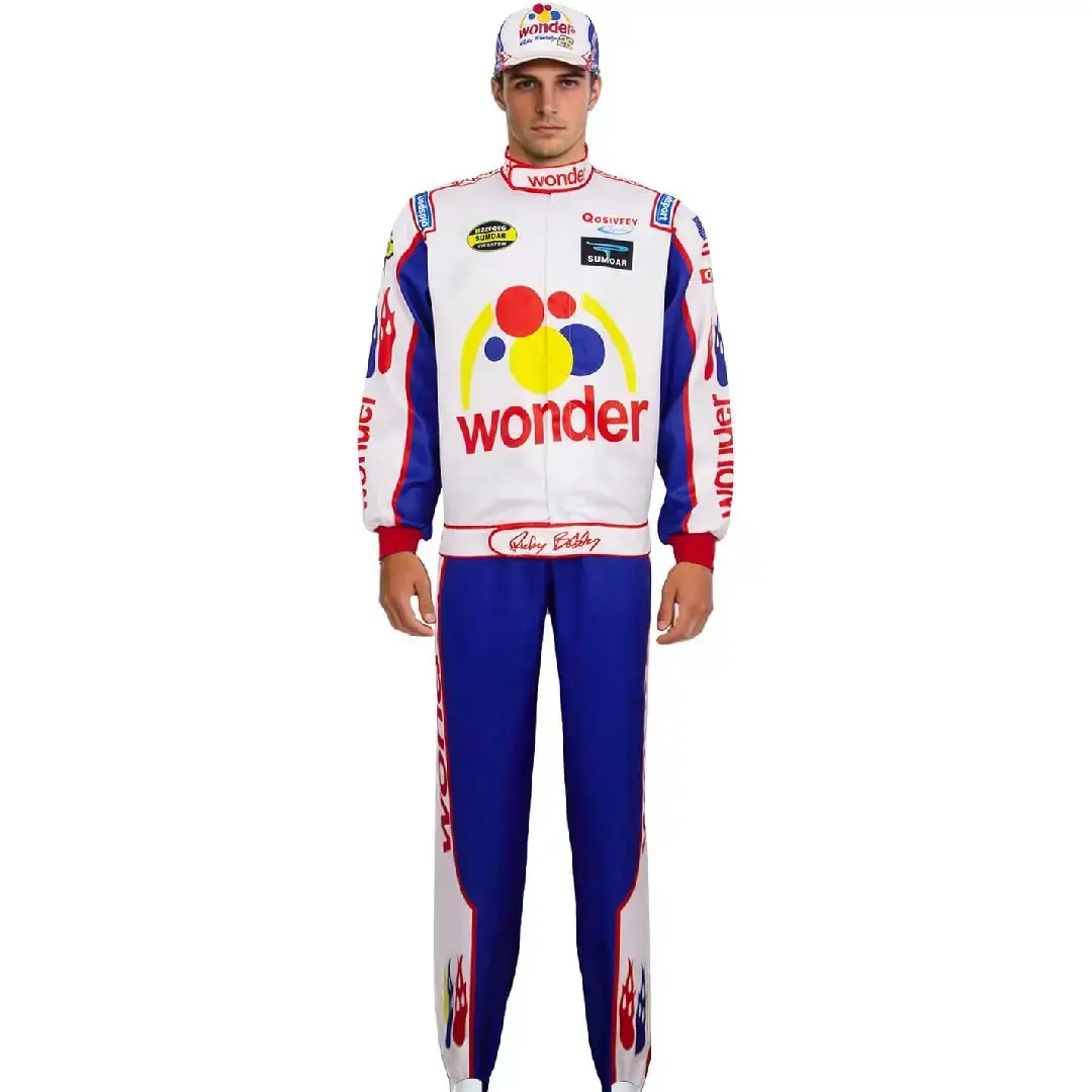 ricky bobby costume wonder bread jumpsuit front view Full front view of a man wearing the Ricky Bobby costume Wonder Bread race car driver jumpsuit and hat.