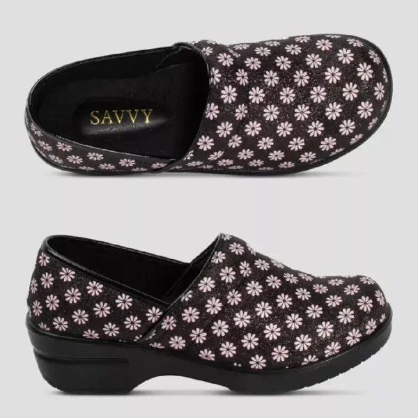 Pair of Savysells Women's Brandy Pink Daisy Nursing Clogs displaying top-down and side profile views.