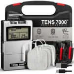 TENS 7000 rechargeable unit kit with carrying case, electrode pads, lead wires, and USB-C charging cable.