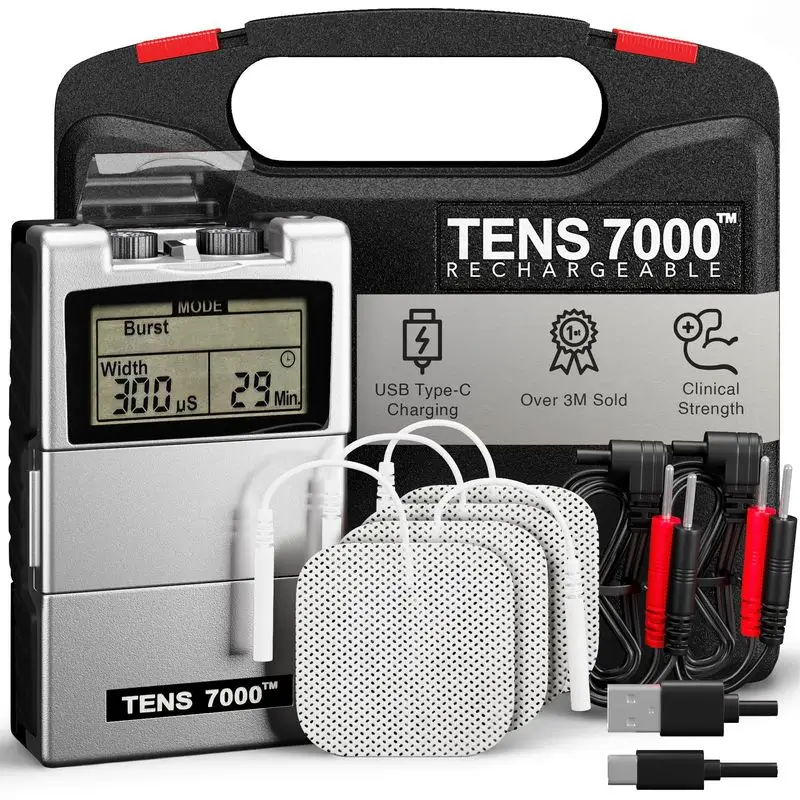 tens 7000 rechargeable unit with electrodes and case TENS 7000 rechargeable unit kit with carrying case, electrode pads, lead wires, and USB-C charging cable.