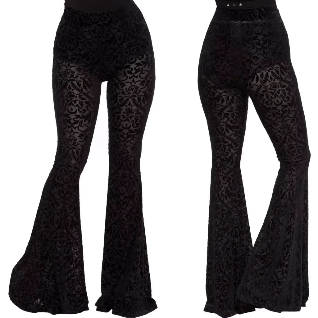 Studio display showing both front and back views of high-waisted black burnout velvet bell bottoms with wide flared legs.