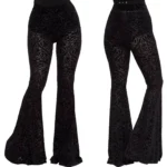 Studio display showing both front and back views of high-waisted black burnout velvet bell bottoms with wide flared legs.