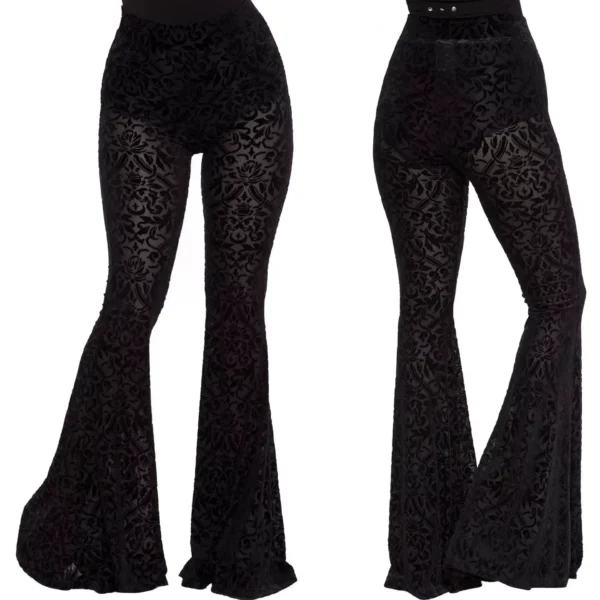 Studio display showing both front and back views of high-waisted black burnout velvet bell bottoms with wide flared legs.