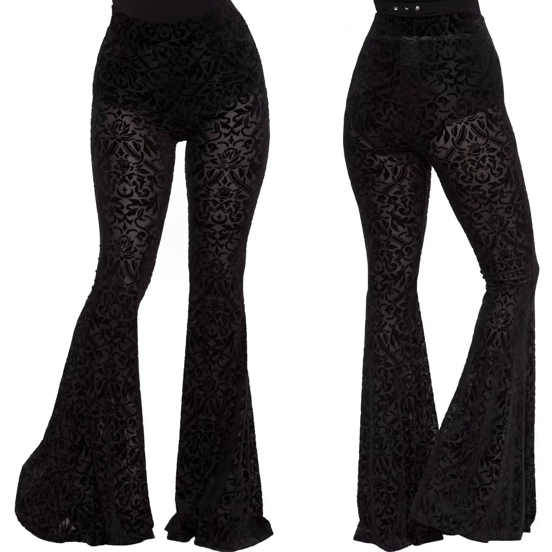 velora burnout velvet bell bottoms front and back studio view Studio display showing both front and back views of high-waisted black burnout velvet bell bottoms with wide flared legs.