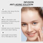 Close-up of smooth, radiant skin highlighting the four key benefits of the microneedle roller anti-aging solution set