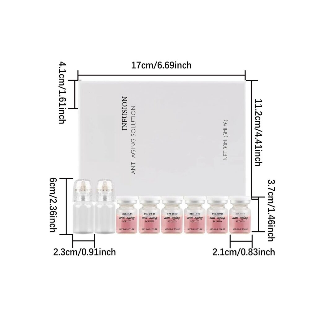 Dimensions diagram displaying packaging box size, 5ml serum vials, and micro-infusion applicator tools