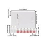 Dimensions diagram displaying packaging box size, 5ml serum vials, and micro-infusion applicator tools