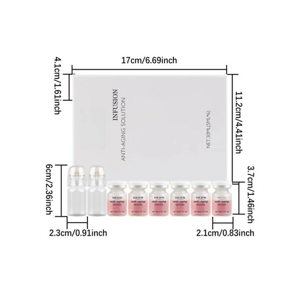 Dimensions diagram displaying packaging box size, 5ml serum vials, and micro-infusion applicator tools