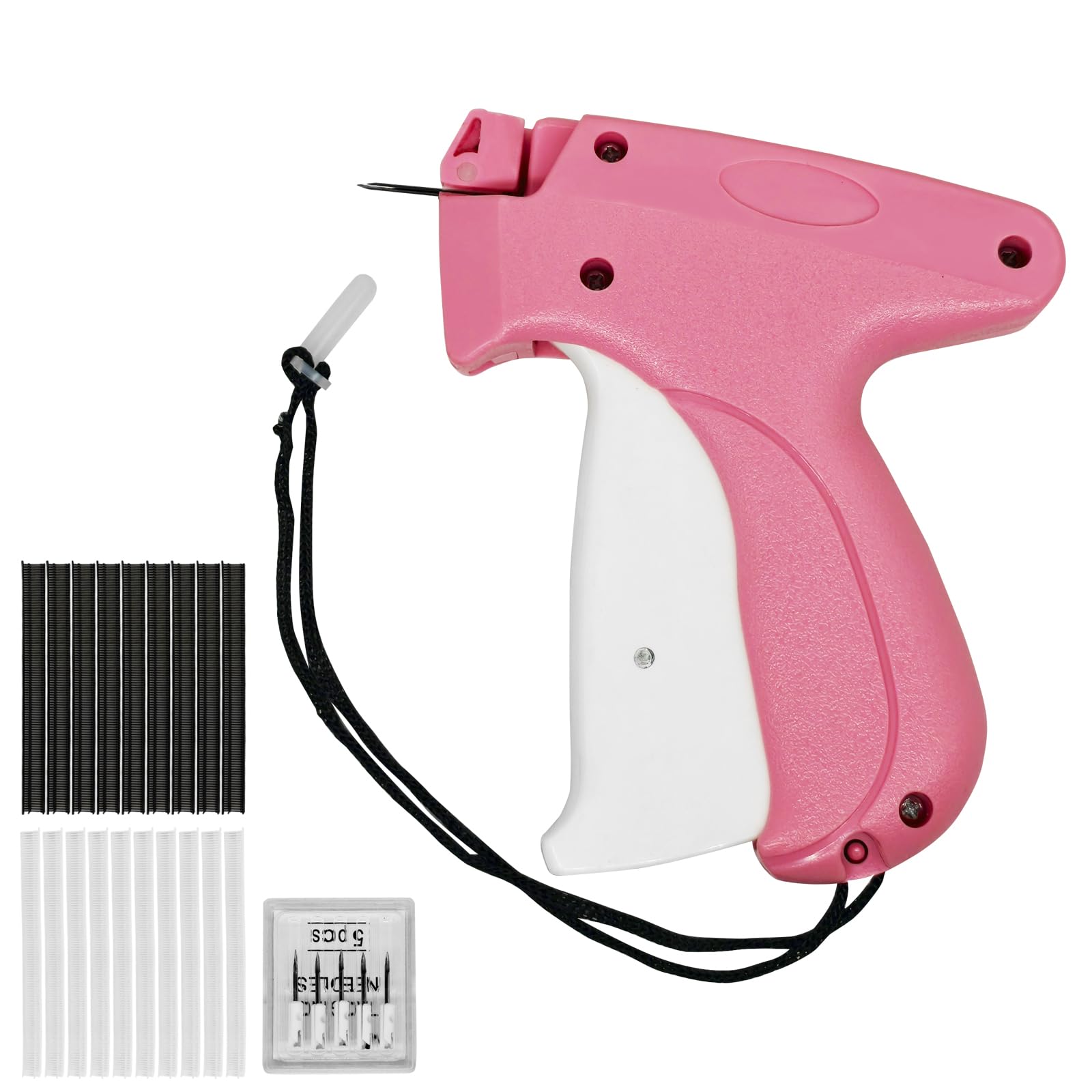 Pink handheld stitch gun for clothes with 2,000 black and white micro fasteners and 5 stainless steel needles Pink handheld stitch gun for clothes with 2,000 black and white micro fasteners and 5 stainless steel needles
